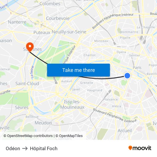 Odéon to Hôpital Foch map