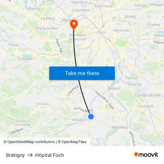 Brétigny to Hôpital Foch map