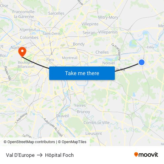Val D'Europe to Hôpital Foch map