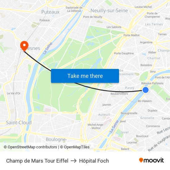 Champ de Mars Tour Eiffel to Hôpital Foch map