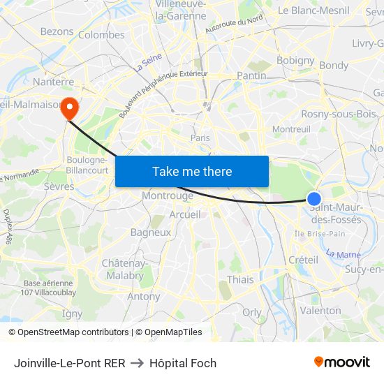 Joinville-Le-Pont RER to Hôpital Foch map