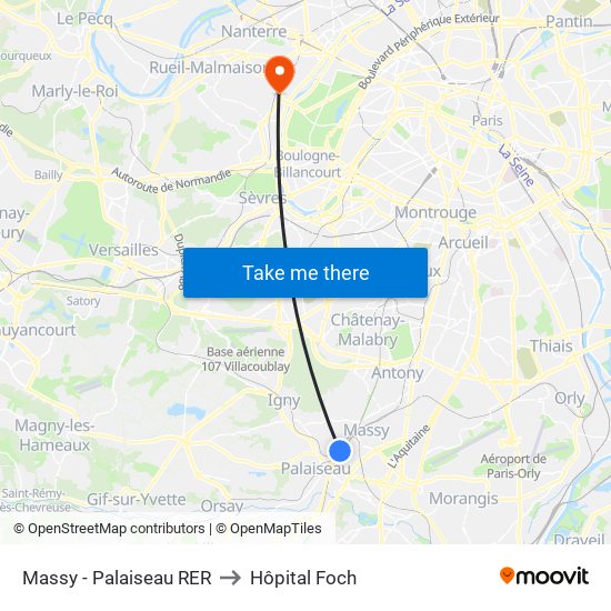 Massy - Palaiseau RER to Hôpital Foch map