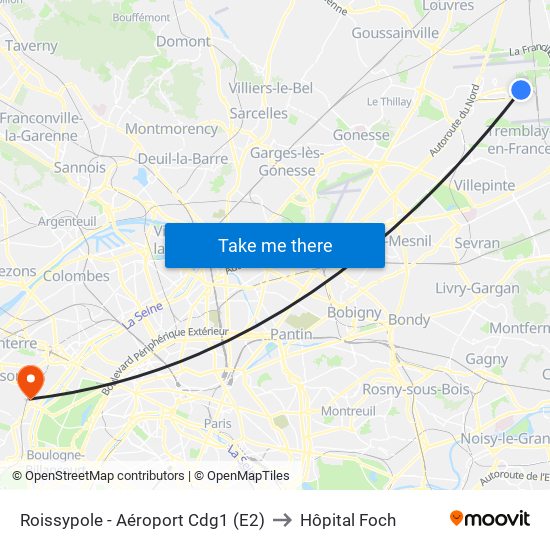 Roissypole - Aéroport Cdg1 (E2) to Hôpital Foch map