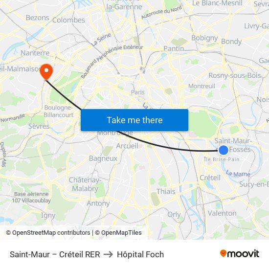 Saint-Maur – Créteil RER to Hôpital Foch map