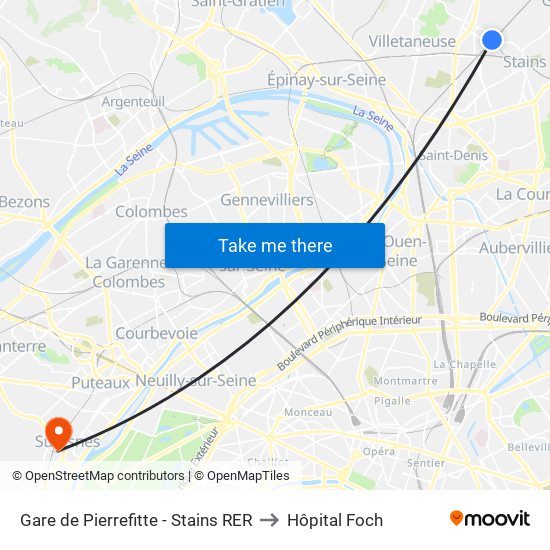Gare de Pierrefitte - Stains RER to Hôpital Foch map