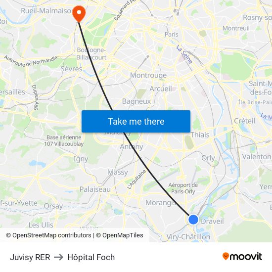 Juvisy RER to Hôpital Foch map