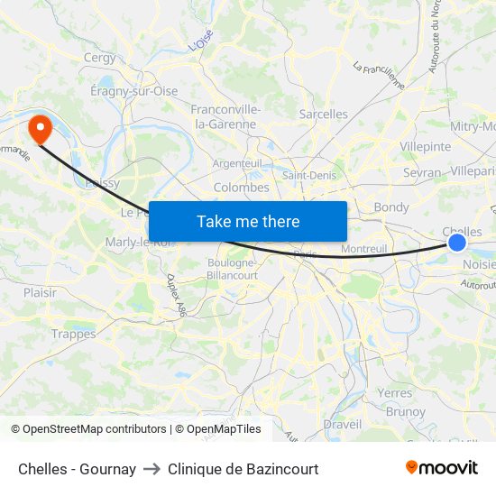 Chelles - Gournay to Clinique de Bazincourt map