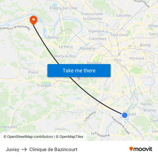 Juvisy to Clinique de Bazincourt map