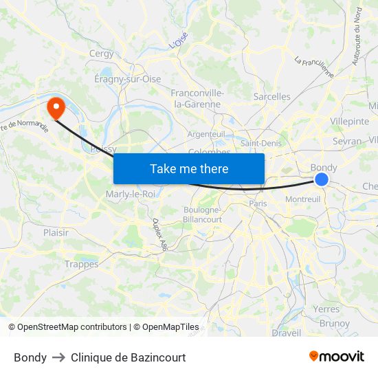 Bondy to Clinique de Bazincourt map