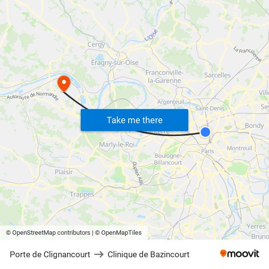 Porte de Clignancourt to Clinique de Bazincourt map
