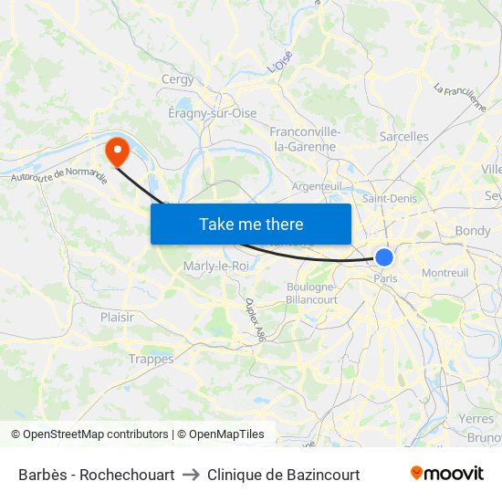 Barbès - Rochechouart to Clinique de Bazincourt map