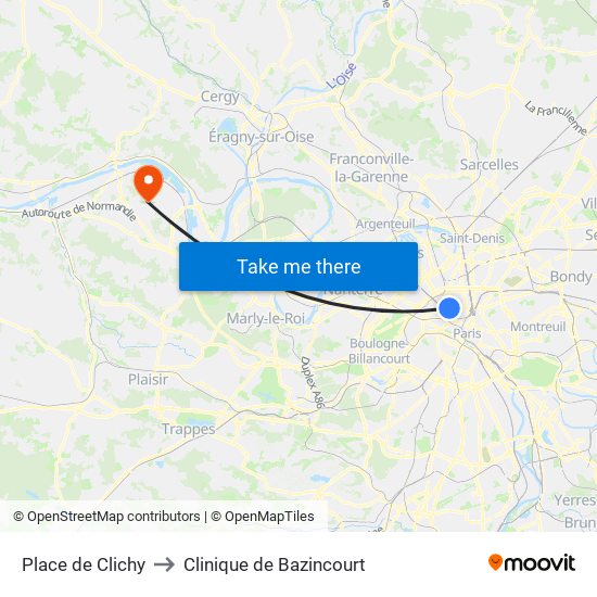Place de Clichy to Clinique de Bazincourt map