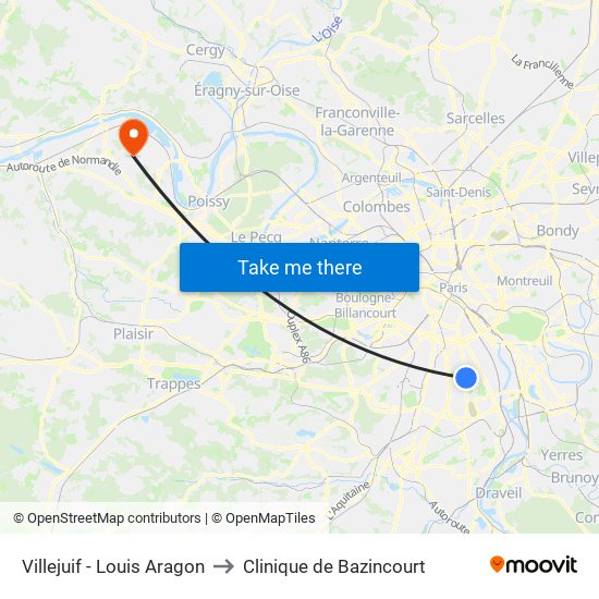 Villejuif - Louis Aragon to Clinique de Bazincourt map