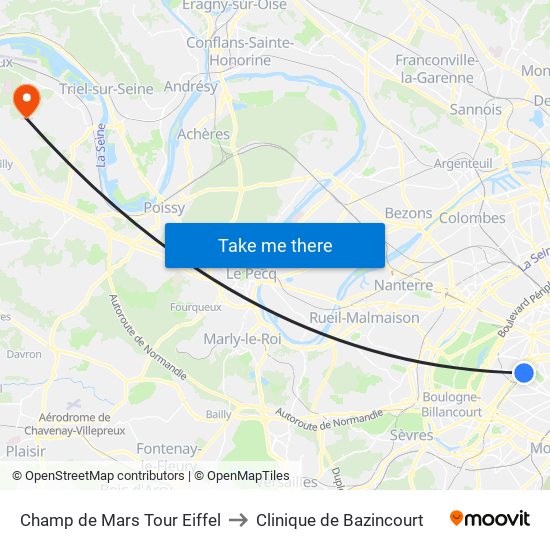 Champ de Mars Tour Eiffel to Clinique de Bazincourt map