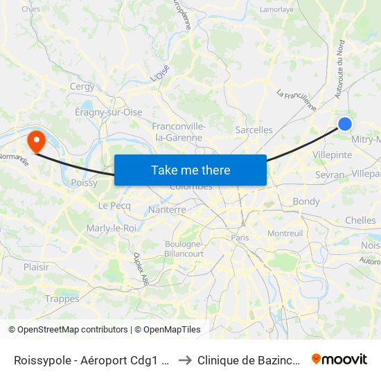 Roissypole - Aéroport Cdg1 (D3) to Clinique de Bazincourt map