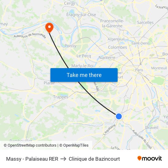 Massy - Palaiseau RER to Clinique de Bazincourt map