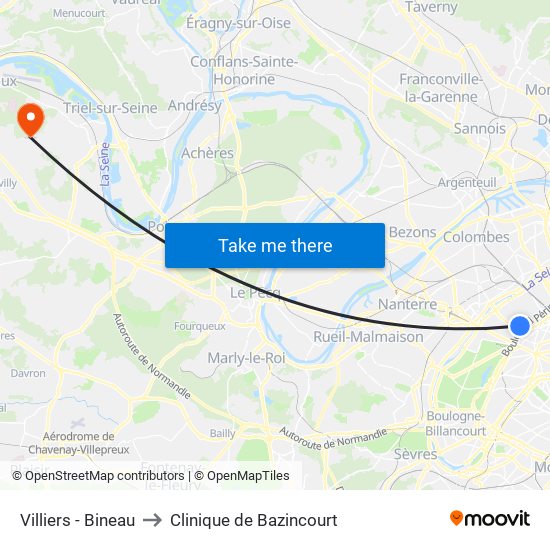 Villiers - Bineau to Clinique de Bazincourt map