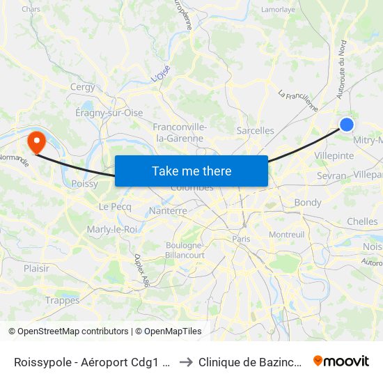 Roissypole - Aéroport Cdg1 (E2) to Clinique de Bazincourt map