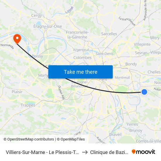 Villiers-Sur-Marne - Le Plessis-Trévise RER to Clinique de Bazincourt map
