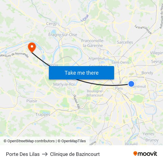Porte Des Lilas to Clinique de Bazincourt map