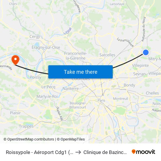 Roissypole - Aéroport Cdg1 (G1) to Clinique de Bazincourt map