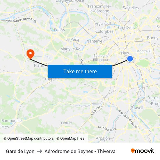 Gare de Lyon to Aérodrome de Beynes - Thiverval map