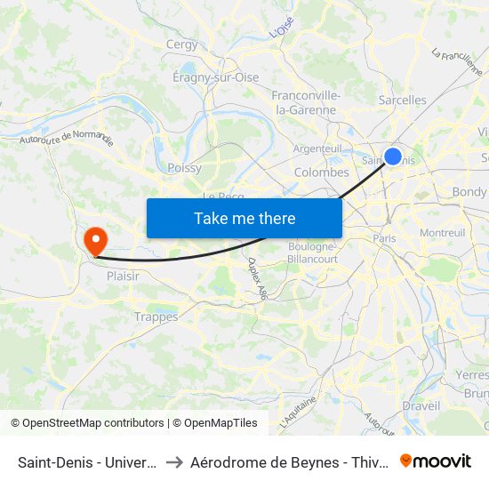 Saint-Denis - Université to Aérodrome de Beynes - Thiverval map