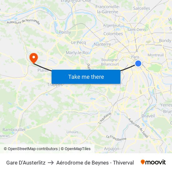 Gare D'Austerlitz to Aérodrome de Beynes - Thiverval map