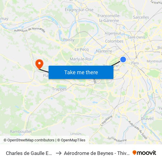 Charles de Gaulle Etoile to Aérodrome de Beynes - Thiverval map