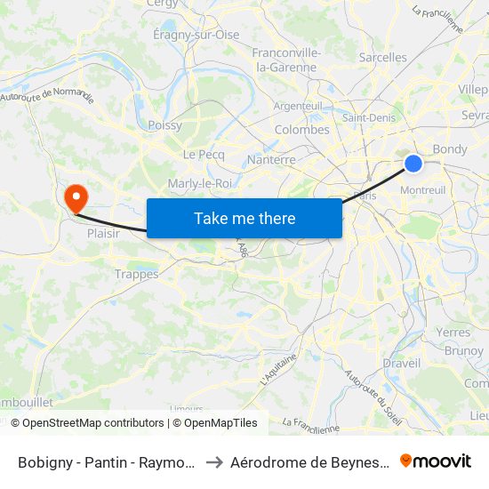 Bobigny - Pantin - Raymond Queneau to Aérodrome de Beynes - Thiverval map