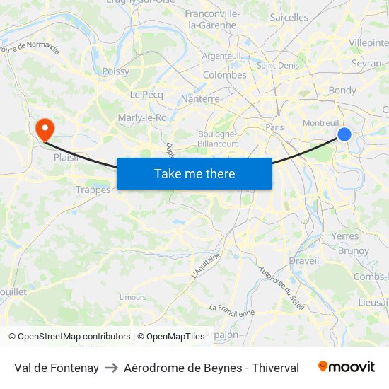 Val de Fontenay to Aérodrome de Beynes - Thiverval map