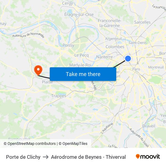 Porte de Clichy to Aérodrome de Beynes - Thiverval map