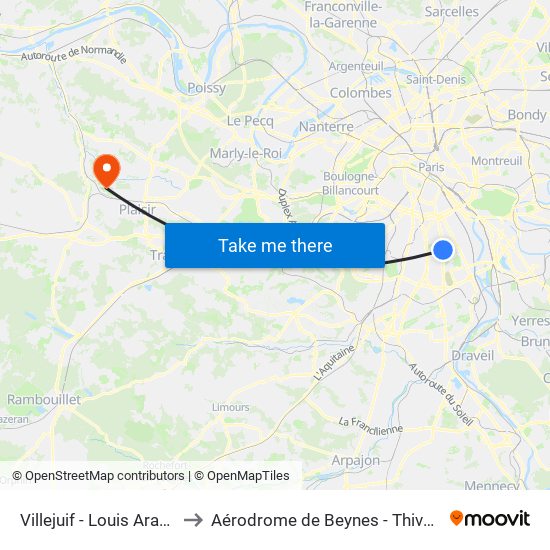 Villejuif - Louis Aragon to Aérodrome de Beynes - Thiverval map