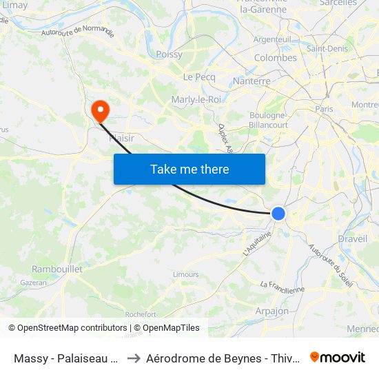 Massy - Palaiseau RER to Aérodrome de Beynes - Thiverval map