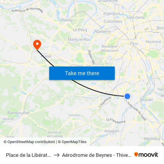 Place de la Libération to Aérodrome de Beynes - Thiverval map