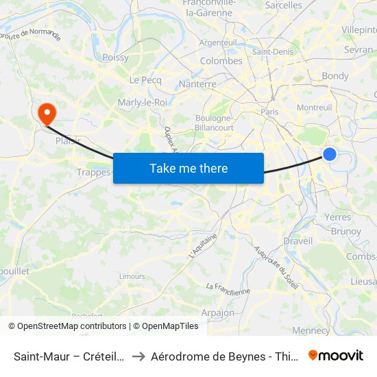 Saint-Maur – Créteil RER to Aérodrome de Beynes - Thiverval map