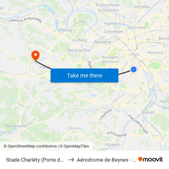 Stade Charléty (Porte de Gentilly) to Aérodrome de Beynes - Thiverval map