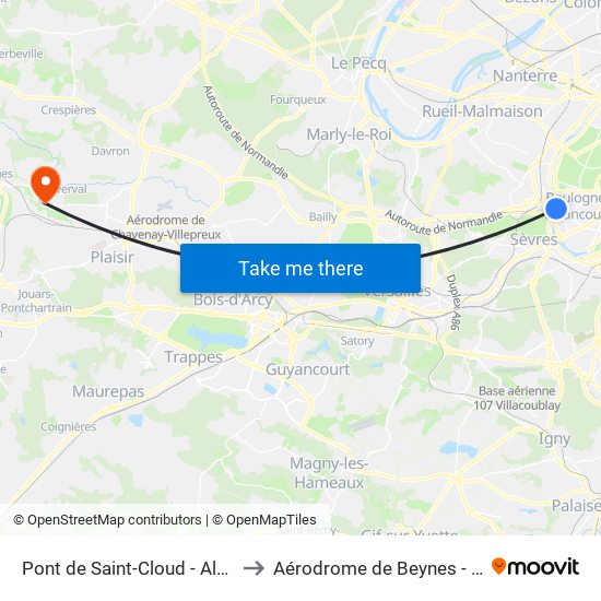 Pont de Saint-Cloud - Albert Kahn to Aérodrome de Beynes - Thiverval map