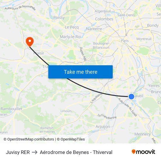 Juvisy RER to Aérodrome de Beynes - Thiverval map