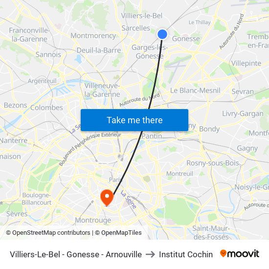 Villiers-Le-Bel - Gonesse - Arnouville to Institut Cochin map
