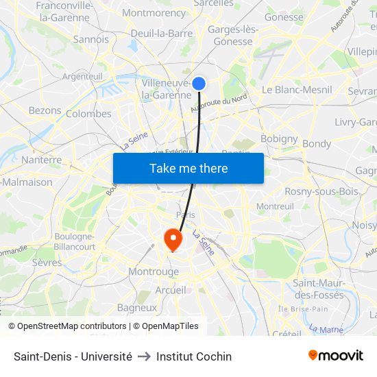 Saint-Denis - Université to Institut Cochin map