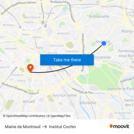 Mairie de Montreuil to Institut Cochin map