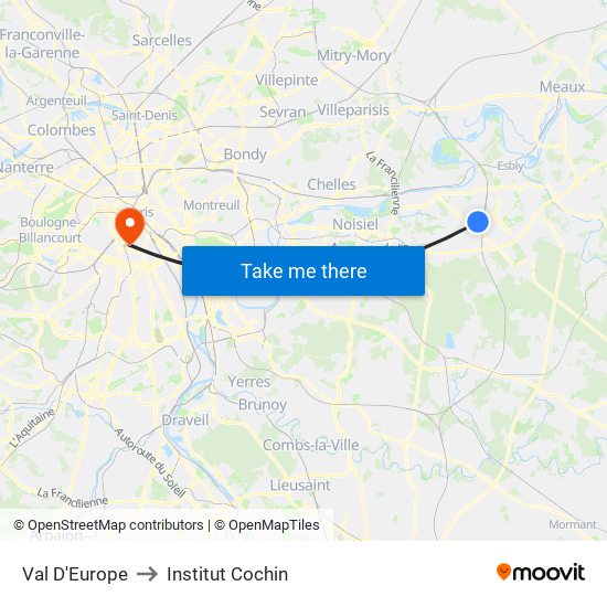 Val D'Europe to Institut Cochin map