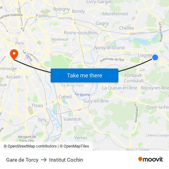 Gare de Torcy to Institut Cochin map