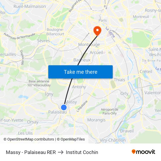 Massy - Palaiseau RER to Institut Cochin map