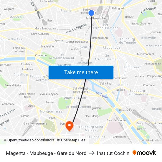Magenta - Maubeuge - Gare du Nord to Institut Cochin map