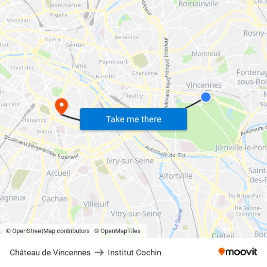 Château de Vincennes to Institut Cochin map