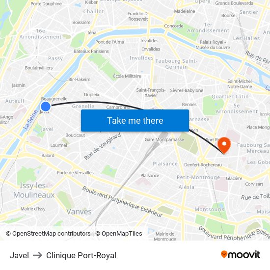 Javel to Clinique Port-Royal map