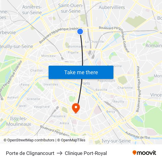 Porte de Clignancourt to Clinique Port-Royal map