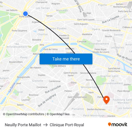 Neuilly Porte Maillot to Clinique Port-Royal map